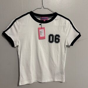 Edikted varsity style black & white 06 baby tee.